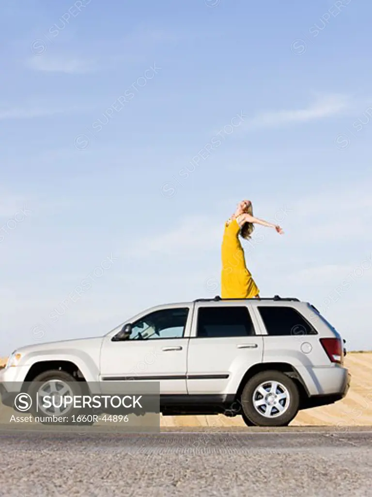 woman standing on the roof of her car on the side of the road