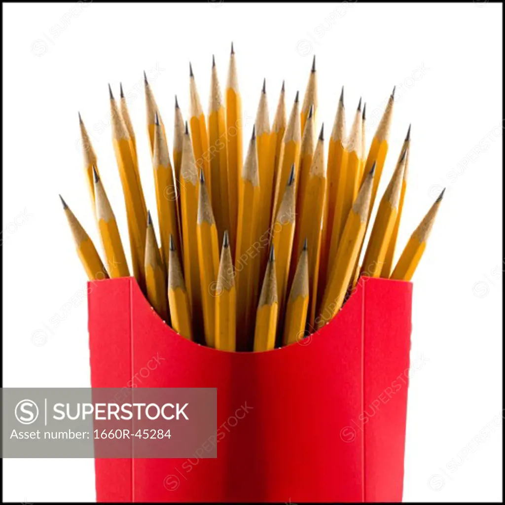 sharpened pencils in a french fry container