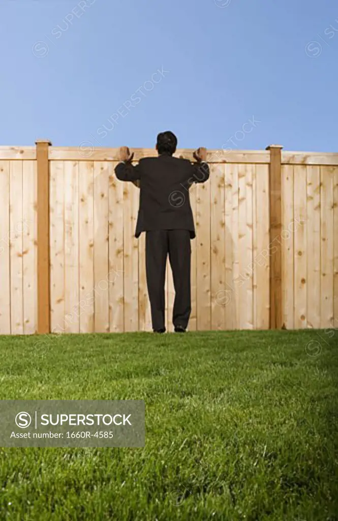 Rear view of a businessman standing in front of a fence