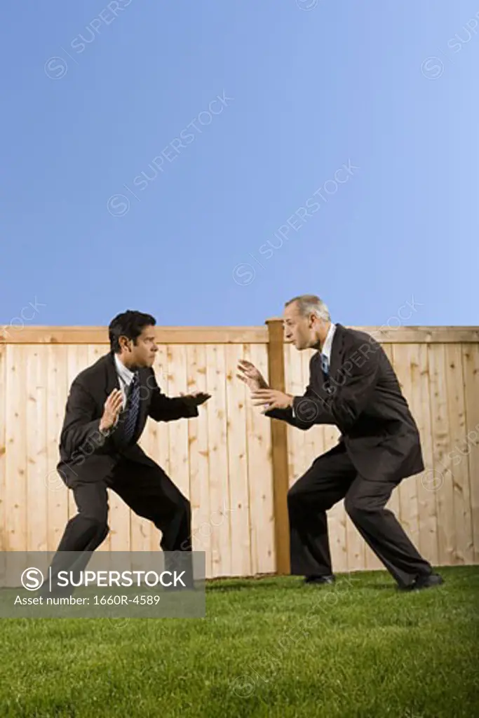 Profile of two businessmen playing and rough housing