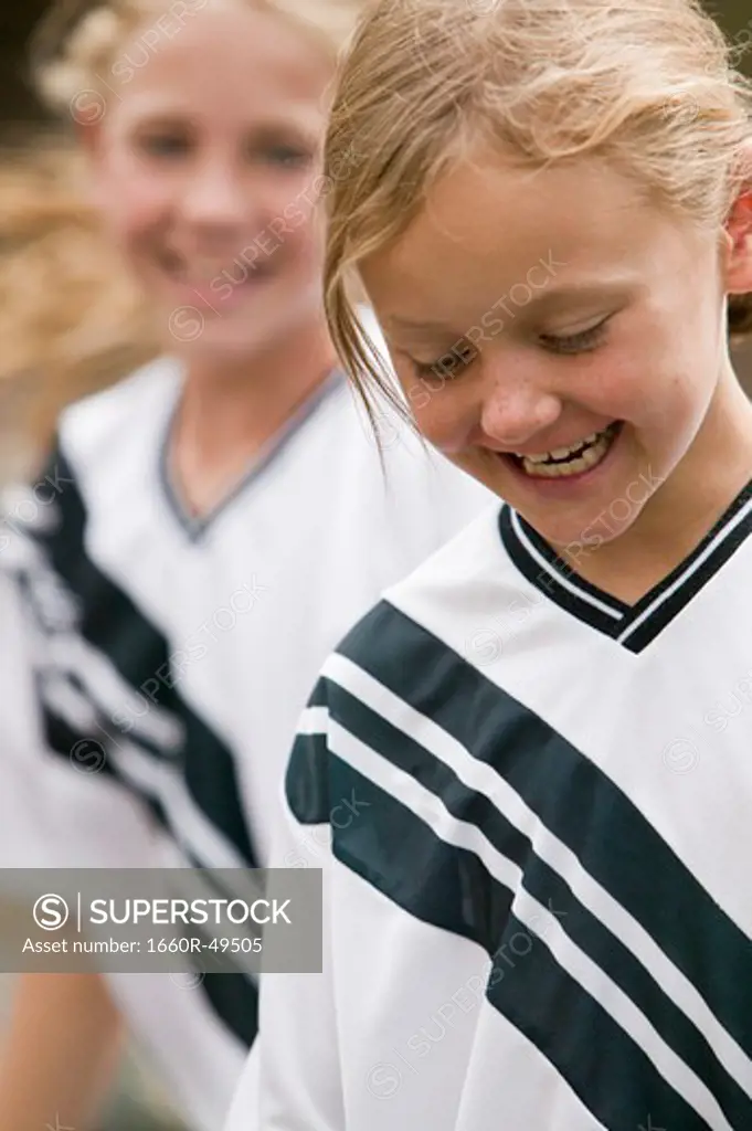USA, Utah, Oren, Laughing girls in soccer uniform