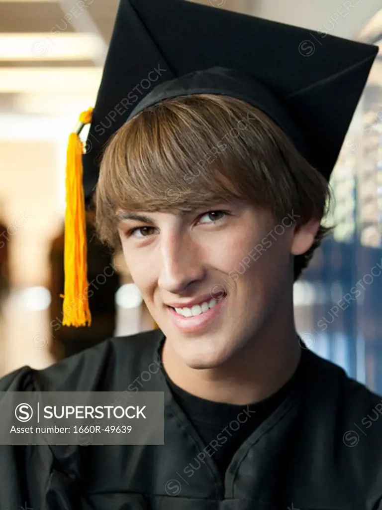 USA, Utah, Spanish Fork, Portrait of male graduate student wearing mortar board
