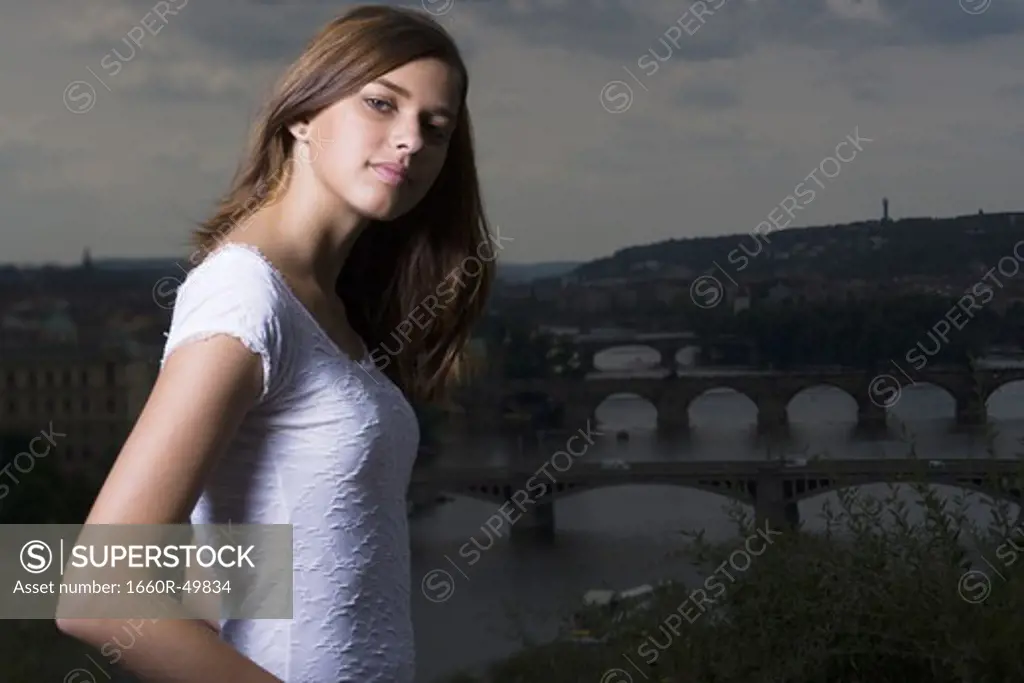 Woman with scenic background