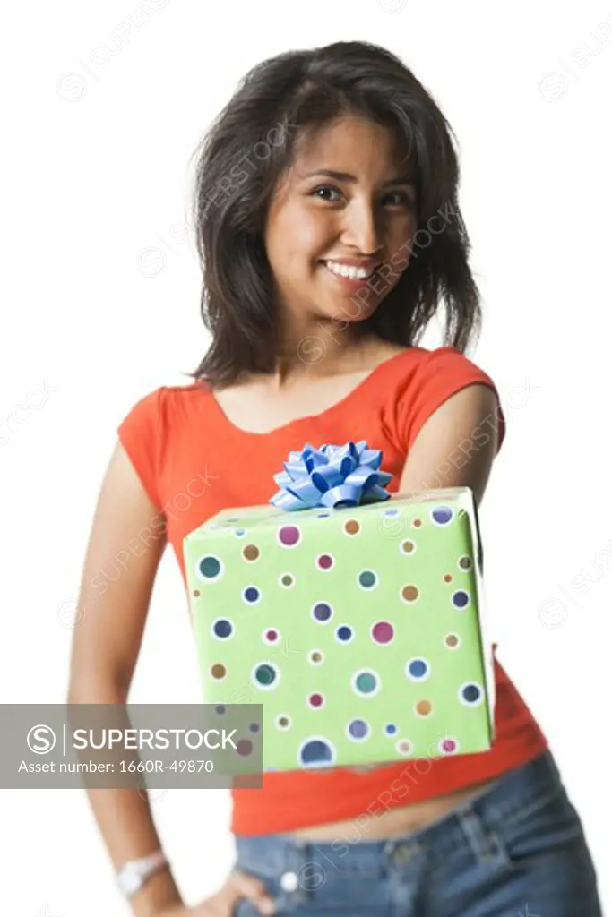 Woman posing with gift box