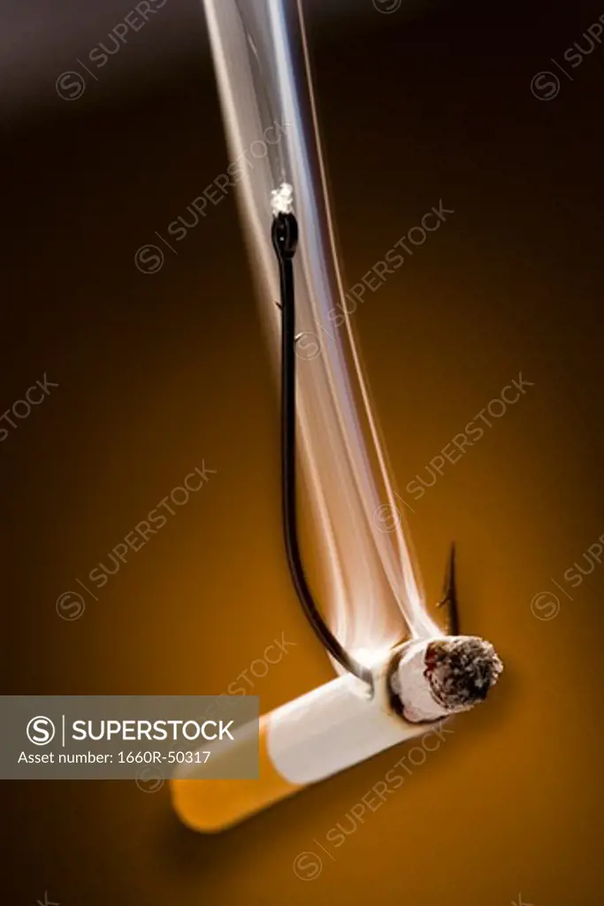 Cigarette with a fish hook through it