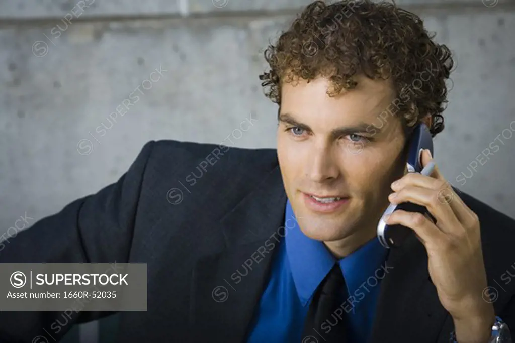 Businessman on cellular sitting on bench