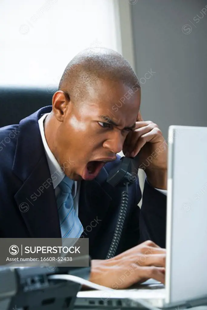 Businessman on laptop and on the phone