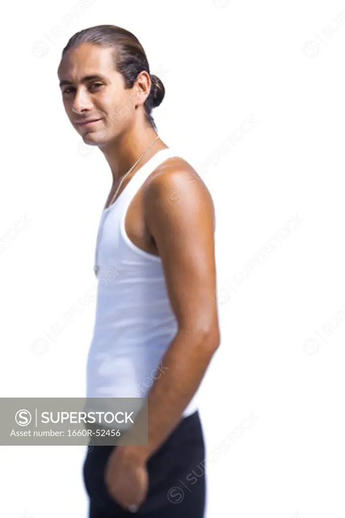 Man from waist up with ponytail
