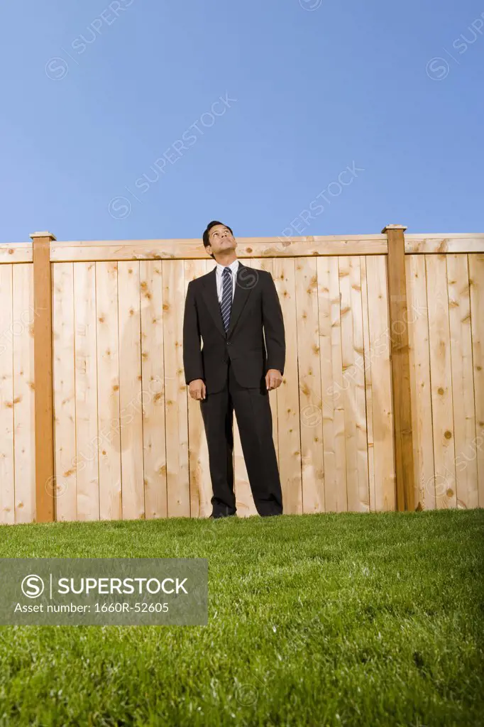 Businessman looking over a wooden fence