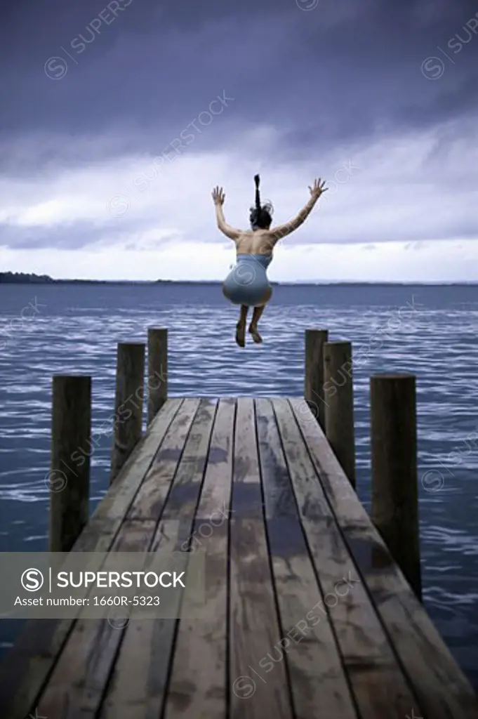 Rear view of a young woman jumping from a pier