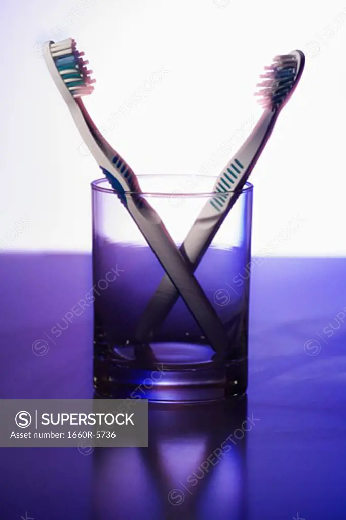 Close-up of two toothbrushes in a glass