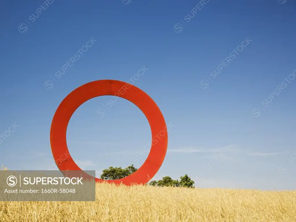Giant red O in field with blue sky