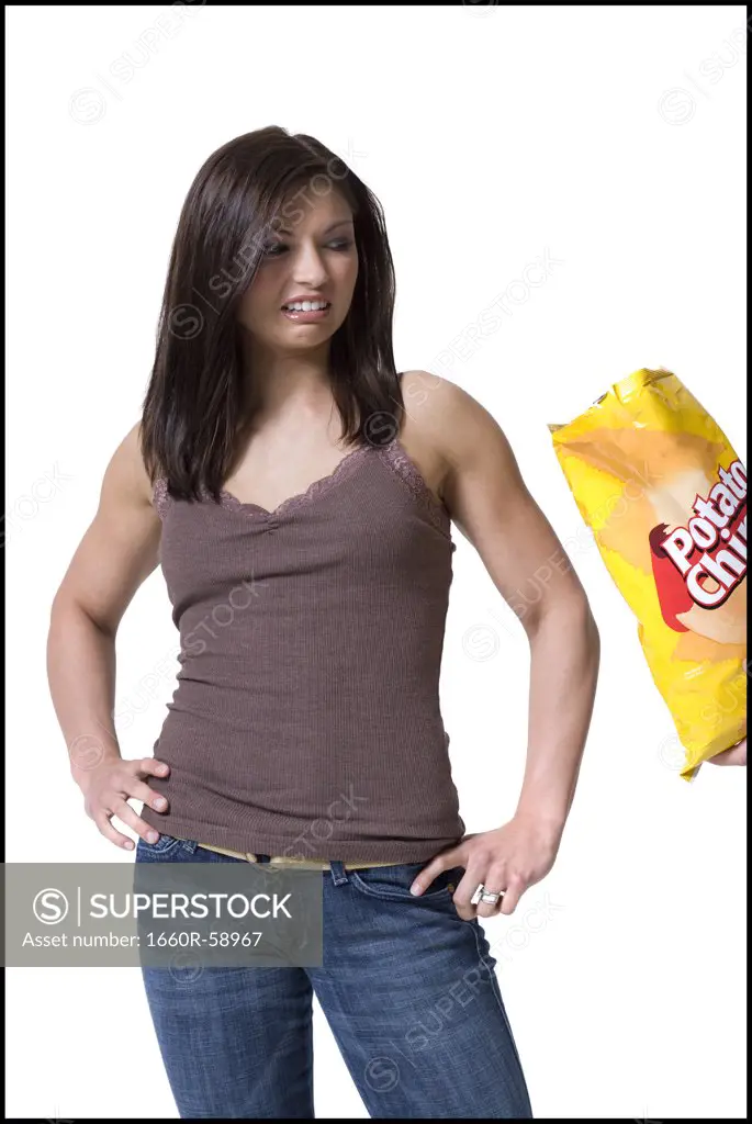 Woman upset by potato chips