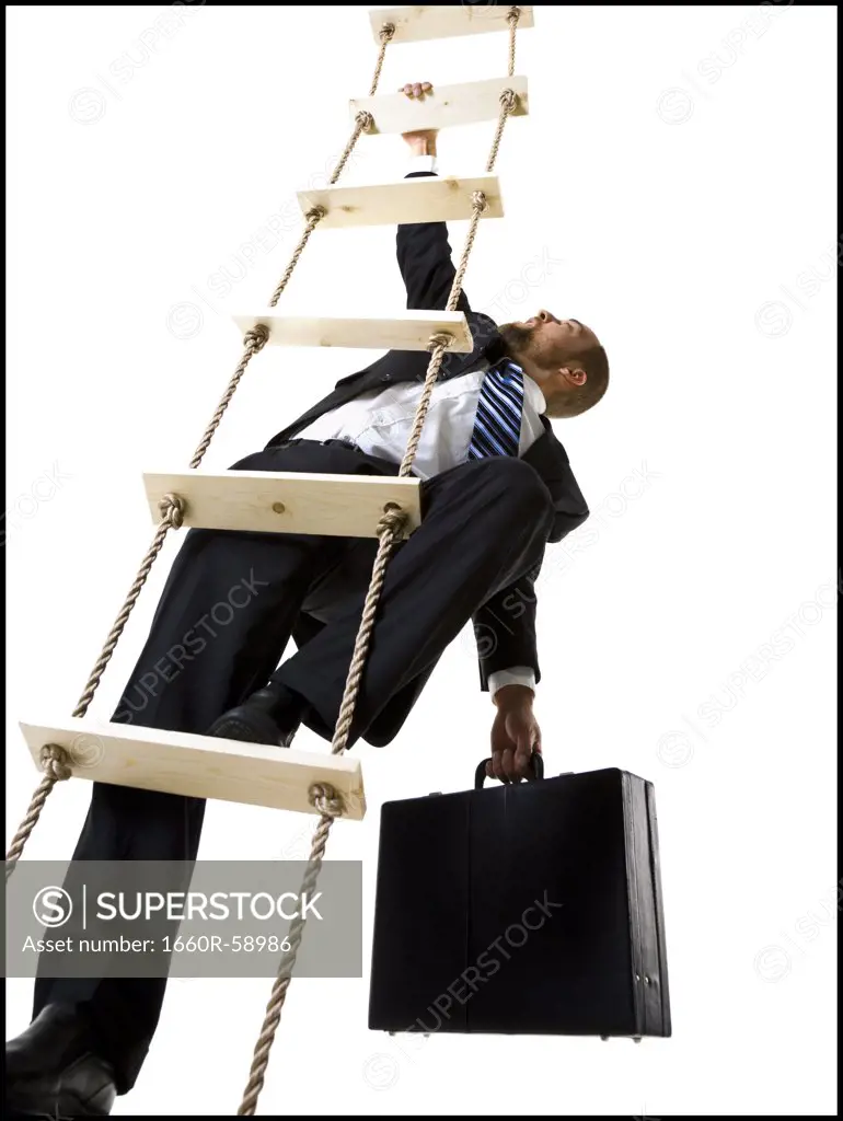 Businessman climbing a ladder with briefcase