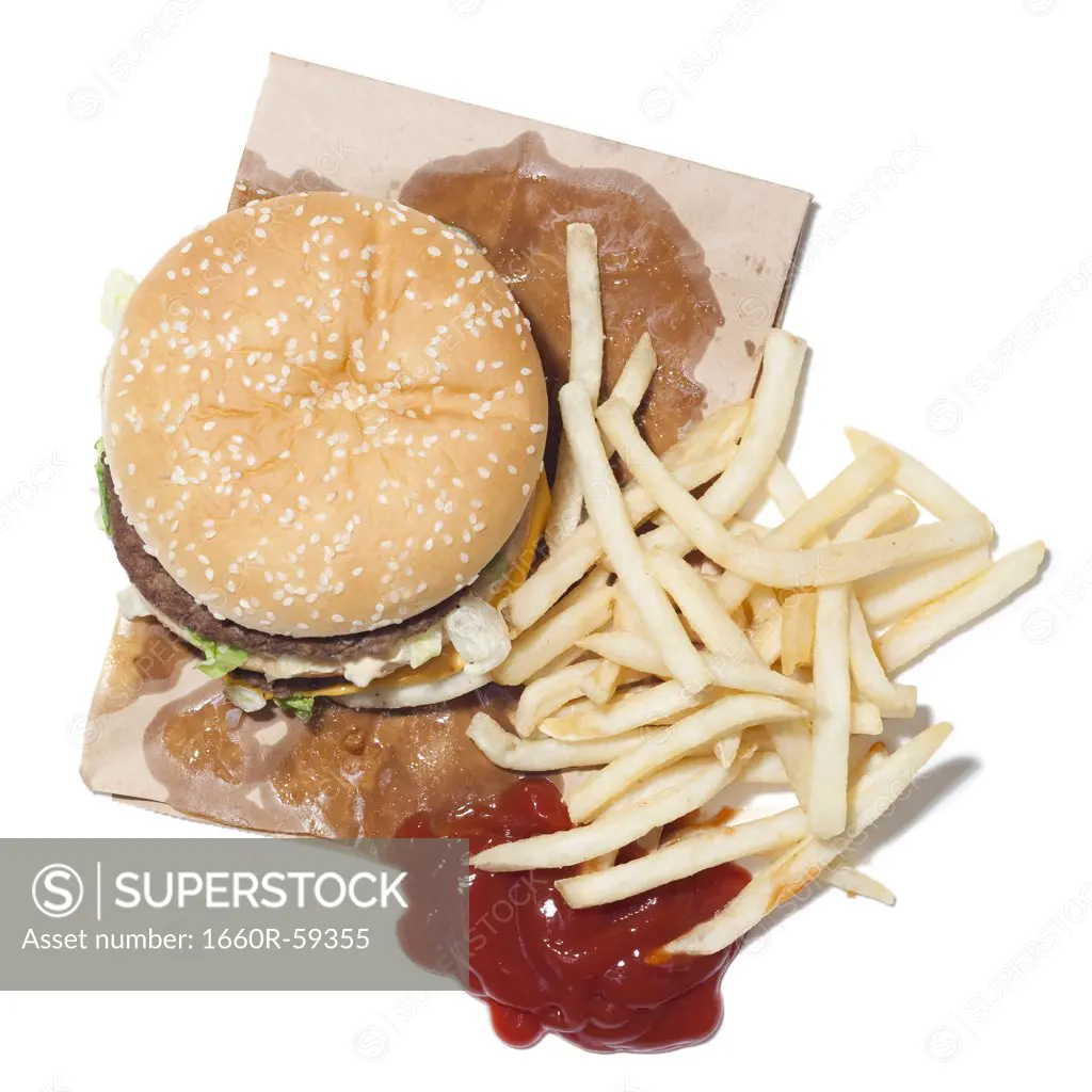 French fries and hamburger, studio shot