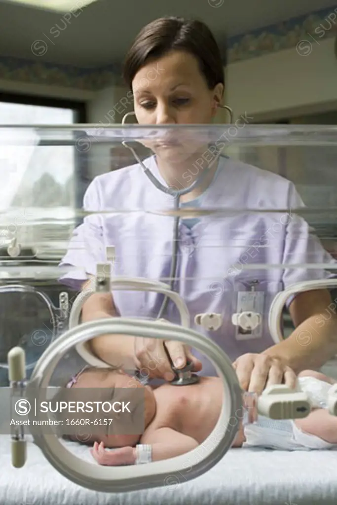 Female nurse examining a newborn baby in an incubator