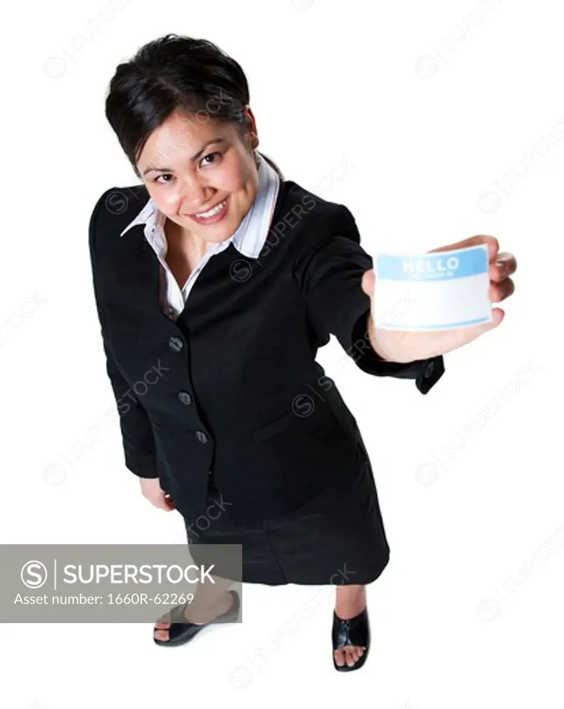Woman with blank name tag