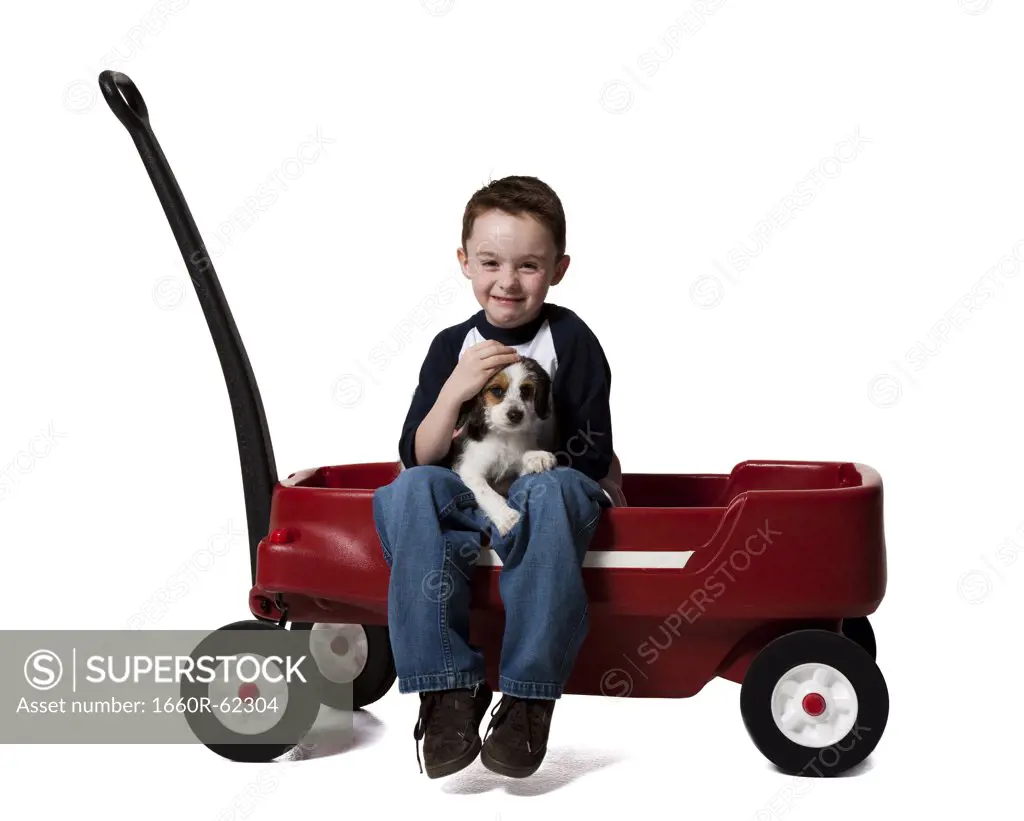 Boy with puppy and toy wagon