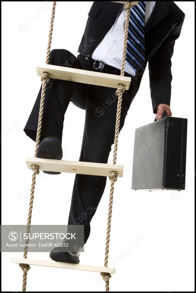 Businessman climbing ladder with briefcase