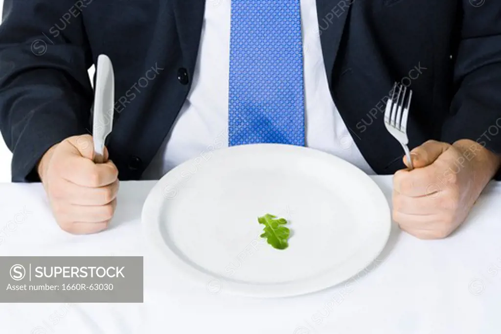 Overweight businessman eating a small salad