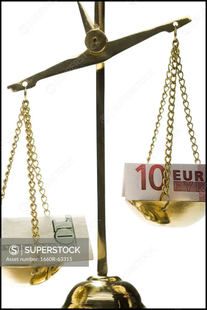 Close-up of Euro banknotes on a weighing scale