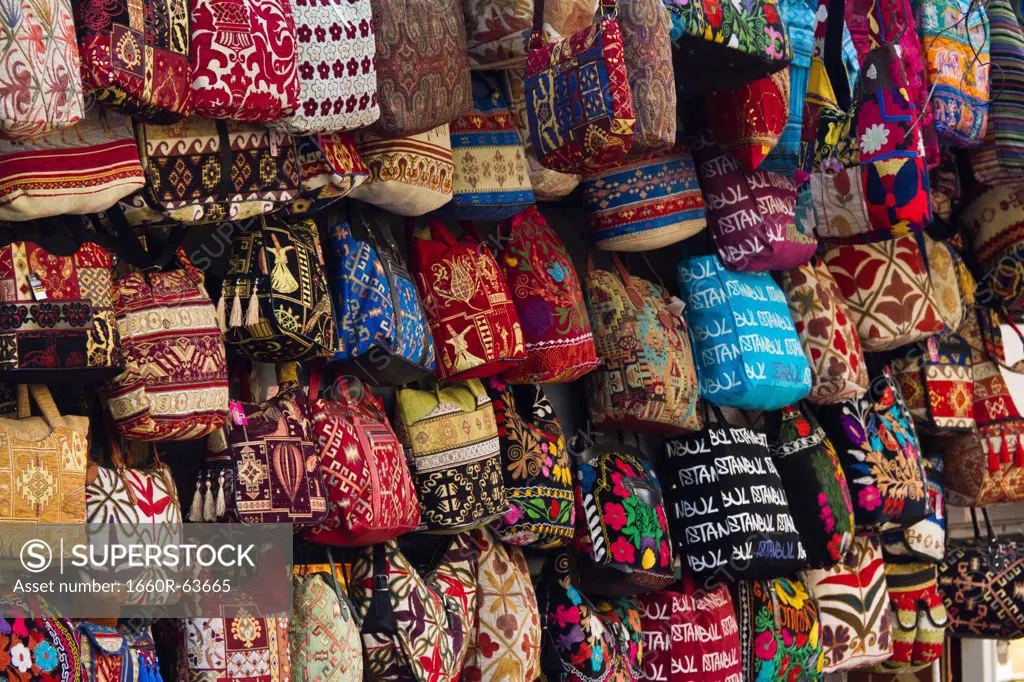 Turkey, Grand Baazar, Close up of colorful sacks