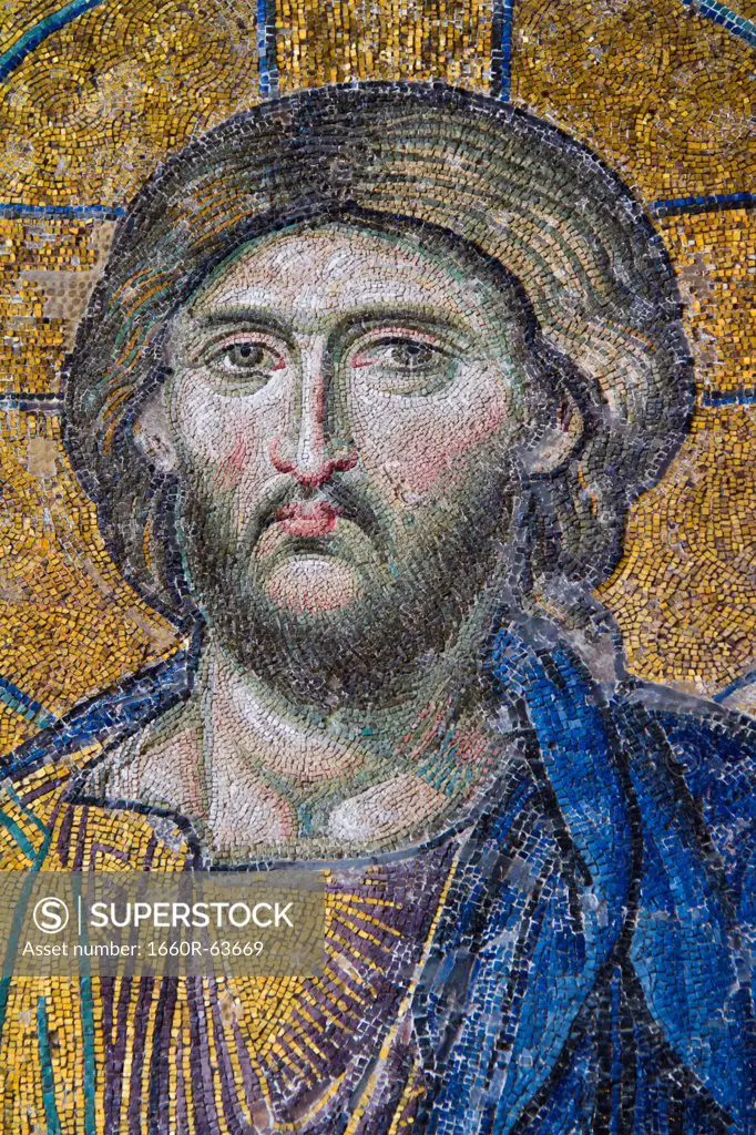 Turkey, Hagia Sophia Mosque, Close up of  mosaic depicting  Jesus Christ