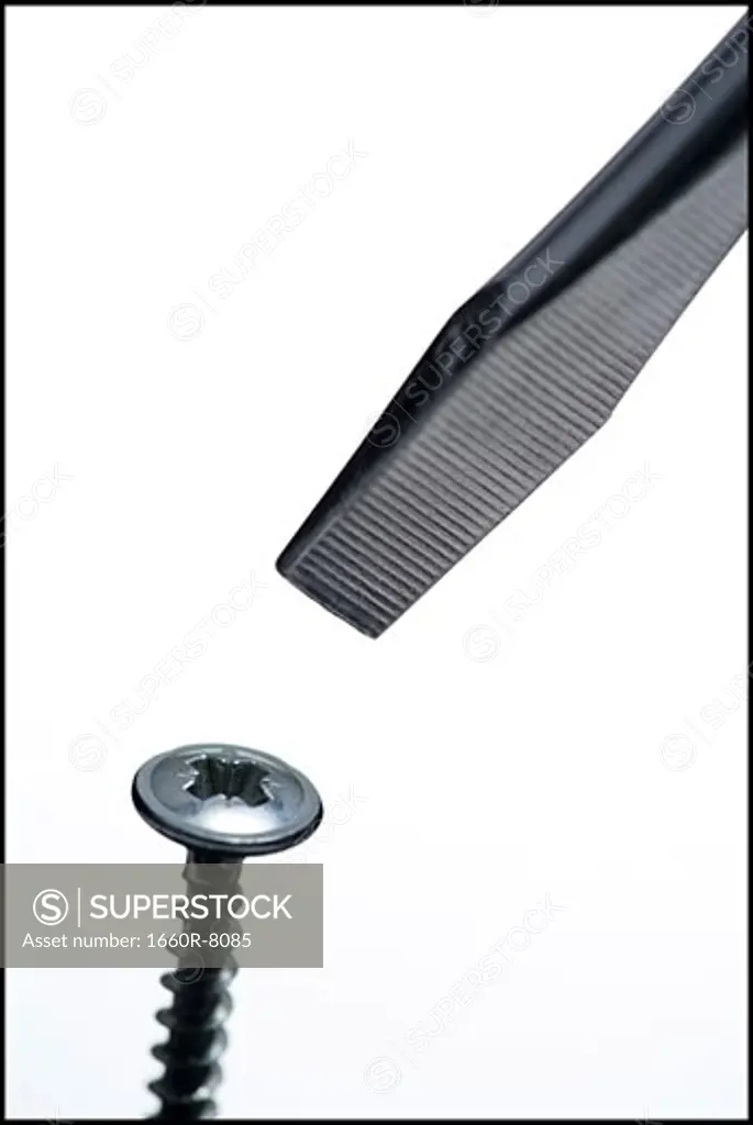 Close-up of a screw and a screwdriver