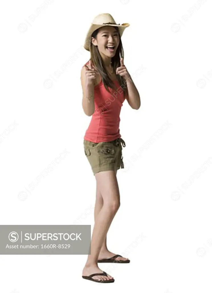 Profile of a young woman pointing forward