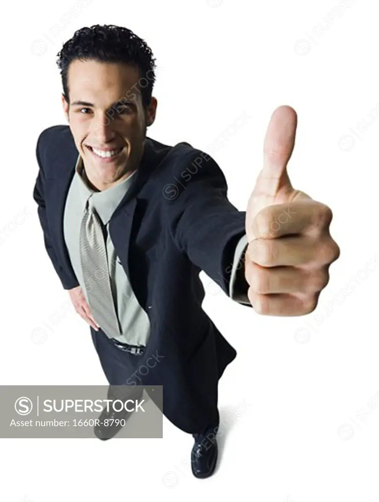 High angle view of a businessman showing a thumbs up sign