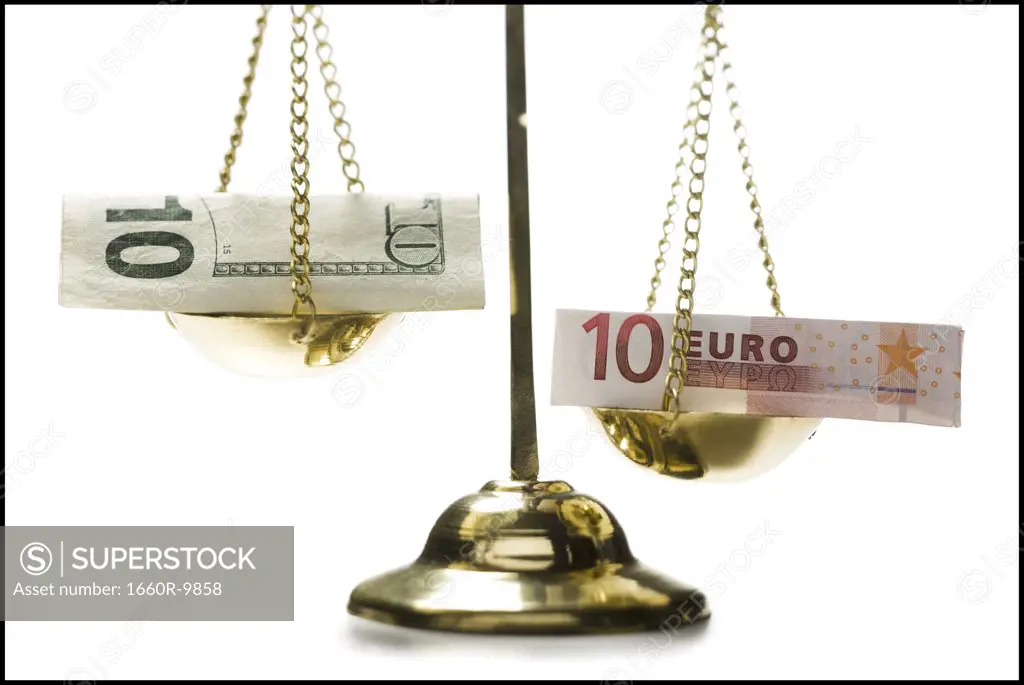 Close-up of Euro banknotes on a weighing scale
