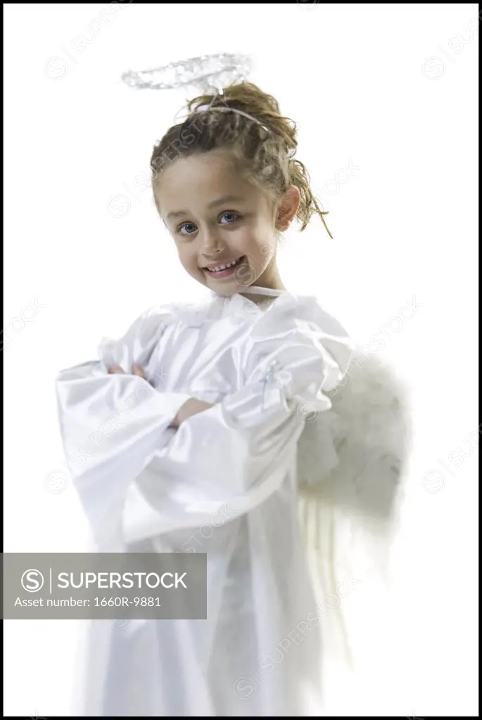 Close-up of a girl in an angel costume