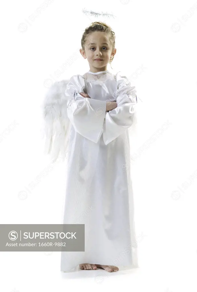 Close-up of a girl in an angel costume
