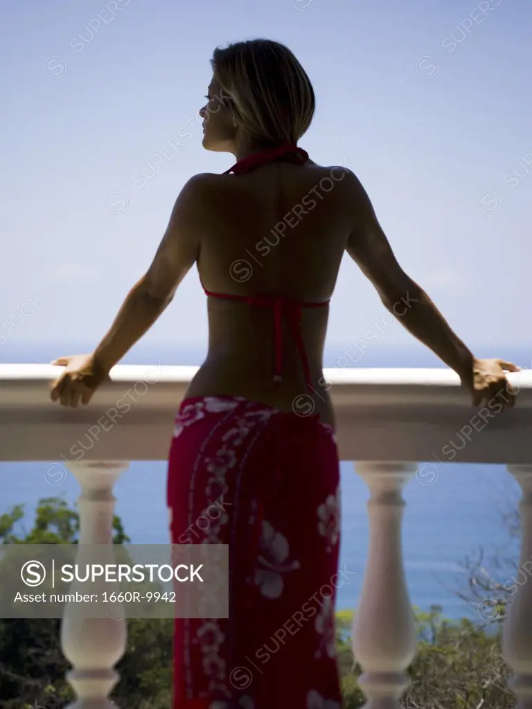 Rear view of a young woman leaning over a balustrade and looking sideways