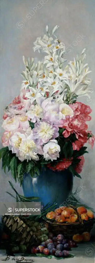 A STILL LIFE OF PEONIES, LILIES, APRICOTS & PLUMS Bertha de la Baume (1860-1911 French)