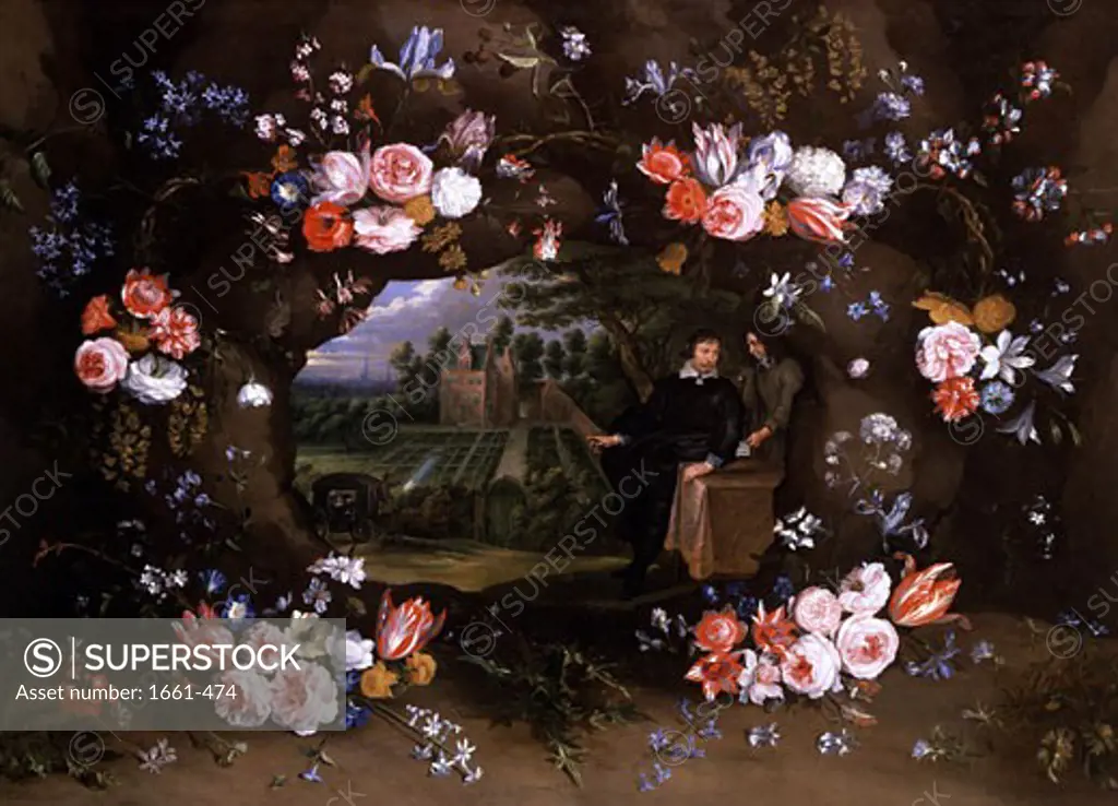 Garland of Flowers Encircling a Medallion Representing Nicolas De Man in front of Property at Antwerp Jan Bruegel the Younger (1601-1678 Flemish)