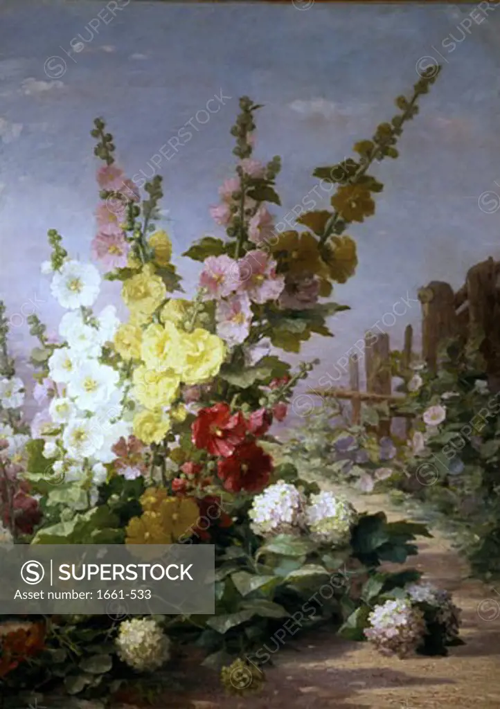 Summer Flowers with Hollyhocks and Hydrangea Berthe Costadau (19th C.)