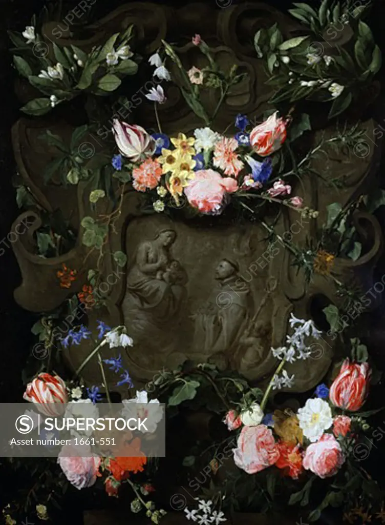 A Flower Bedecked Marble Niche Containing an Adoration of the Virgin Daniel Seghers (1590-1661 Flemish)