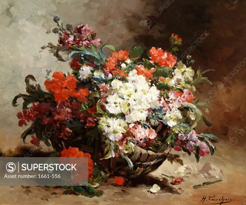 Summer Flowers Arranged in a Basket Eugene Henri Cauchois (1850-1911 French)