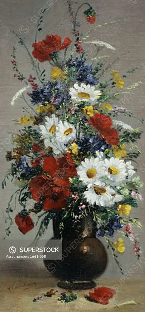 Still Life of Cornflower, Daisies and Poppies Eugene Henri Cauchois (1850-1911 French)