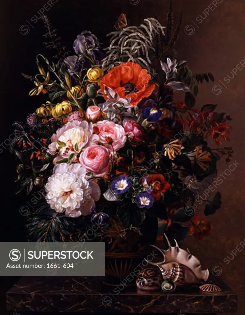 A Poppy, Peonies, Roses and Nasturtiums in a Greek Vase Johan Laurentz Jensen (1800-1856 Danish)
