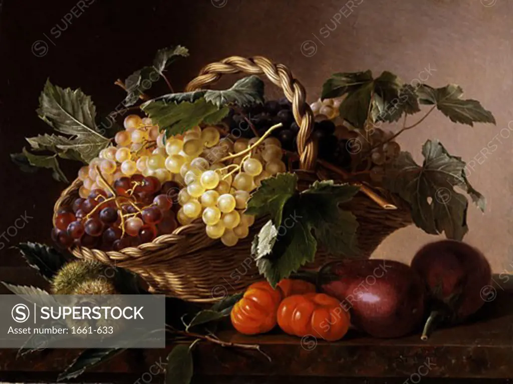 Still Life of Aubergines, Tomatoes, Chestnuts & Grapes Johan Laurentz Jensen (1800-1856 Danish)