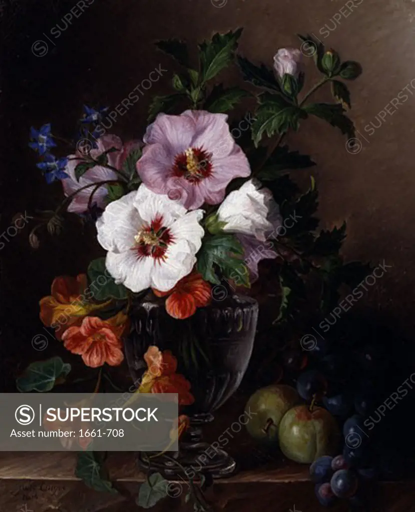 A Still Life of Hibiscus and Nasturtium in a Glass Vase Julie Guyot (Fl.Ca.1810)