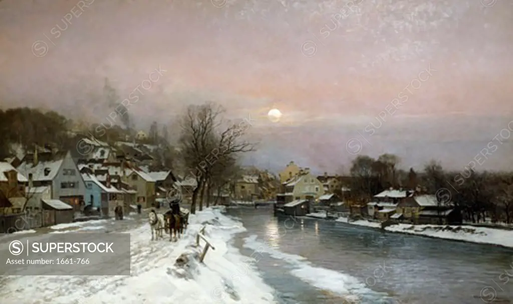 A Canalside Village by Moonlight, 1884, Anders Anderson-Lundby, (1840-1923/Danish)