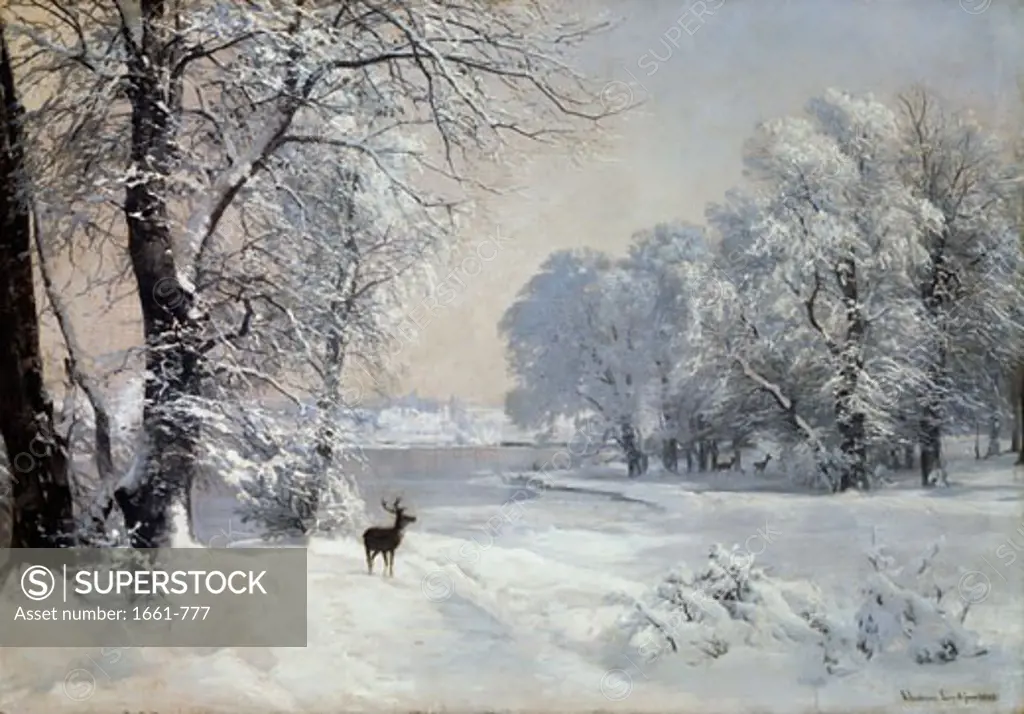 Deer In a Snow Covered Landscape, 1890, Anders Anderson-Lundby, (1840-1923/Danish)