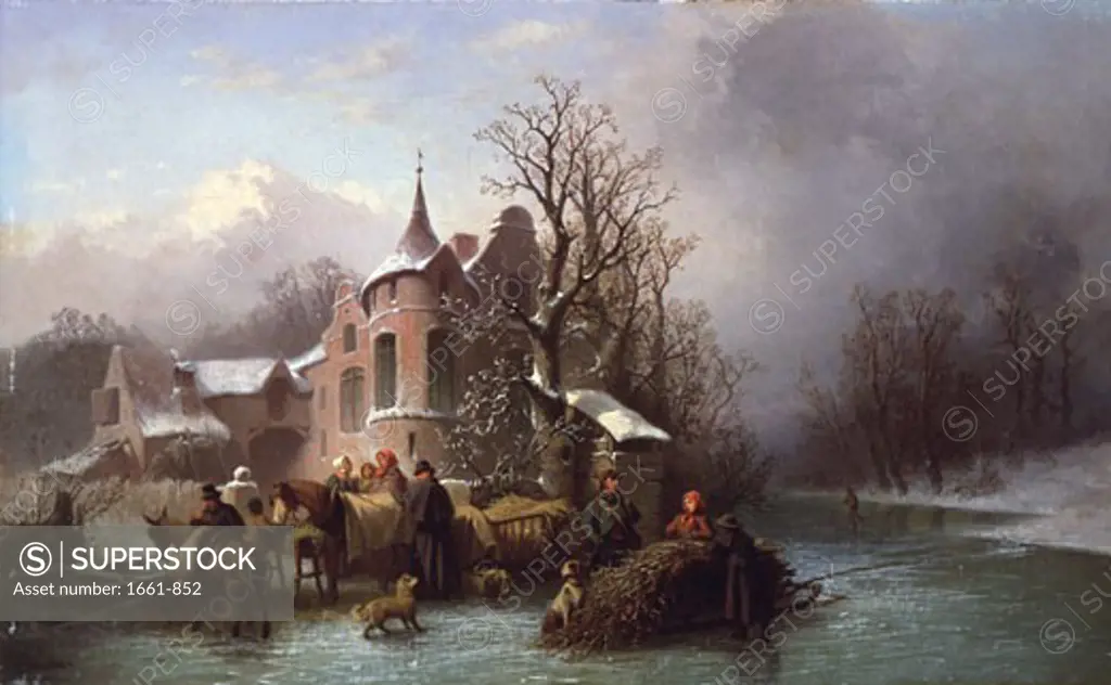 Loading the Cart on a Frozen River, Ferdinand Maron, (b.19th Century/Swiss)