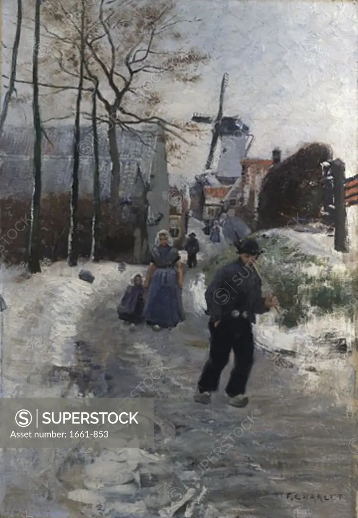 The Village Street Under Snow, Frantz Charlet, (1862-1928/Belgian)
