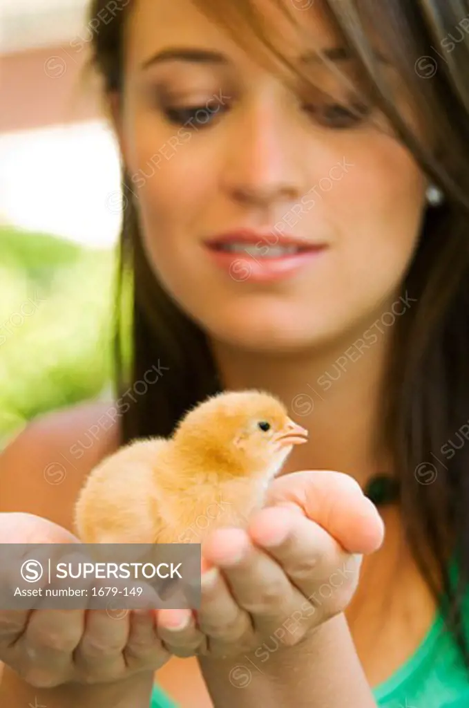 Close-up of a young woman holding a chick in her hands