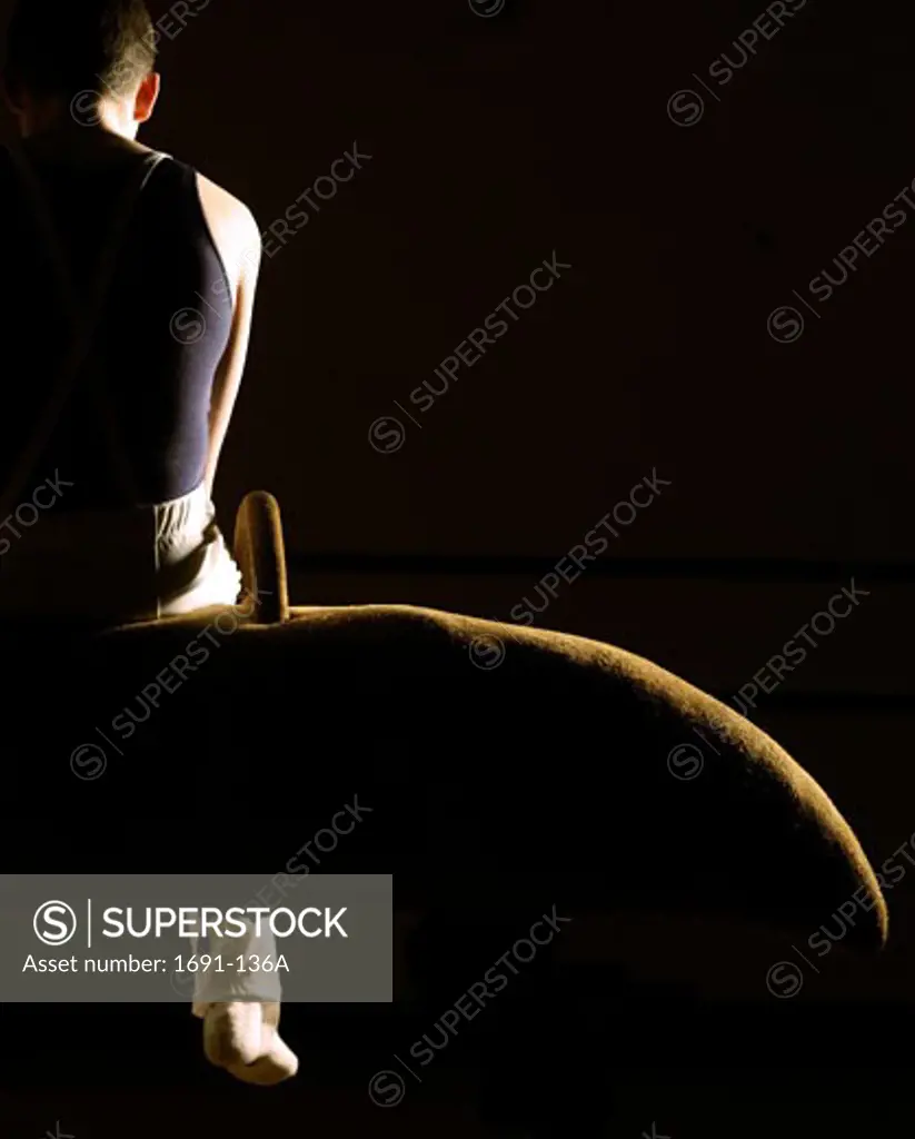 Rear view of a male gymnast sitting on a pommel horse