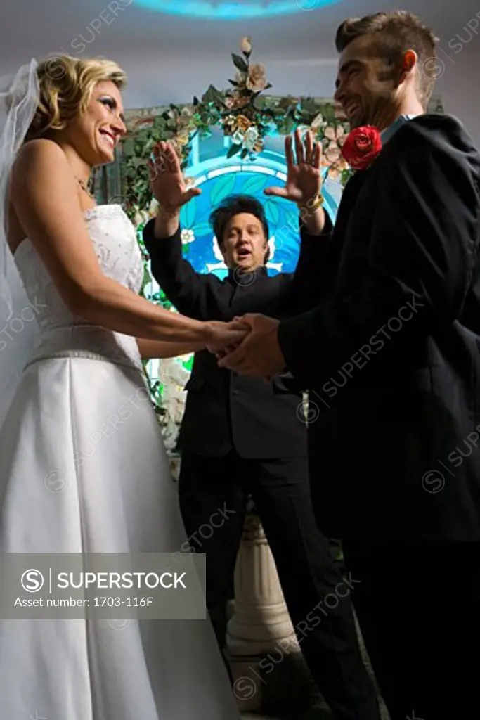 Low angle view of a bride and groom standing in front of a priest